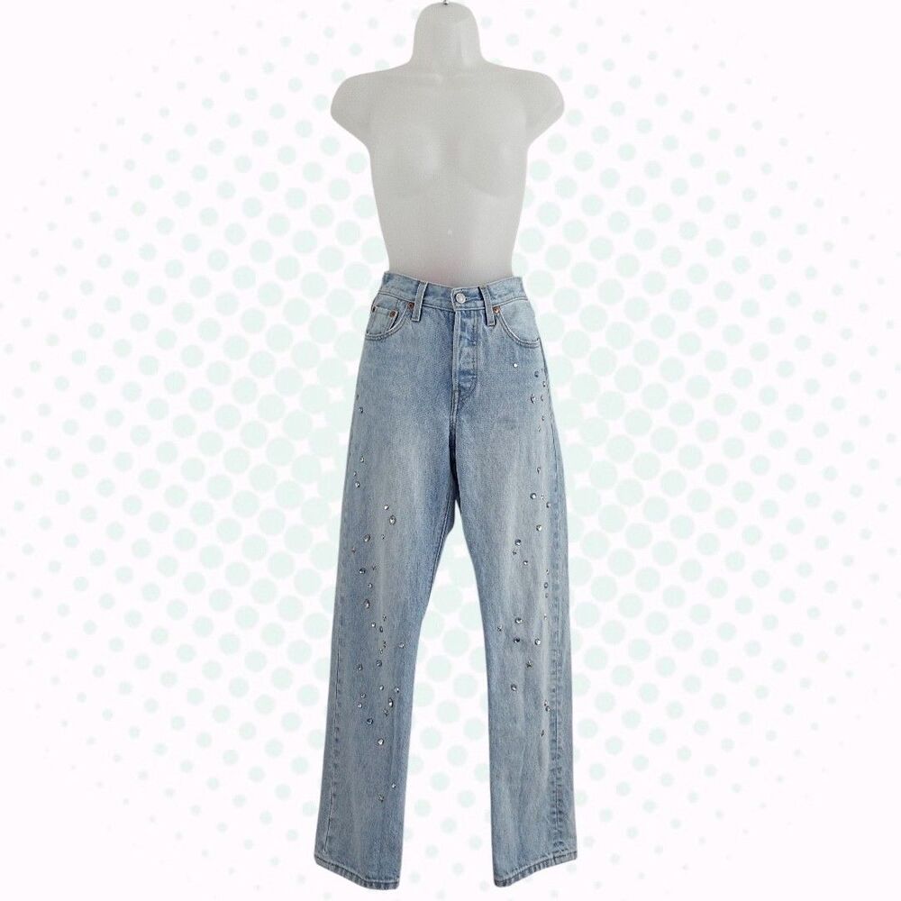 Levi's 501 Light Wash Embellished Rhinestone Silver Stud Jeans Size 25